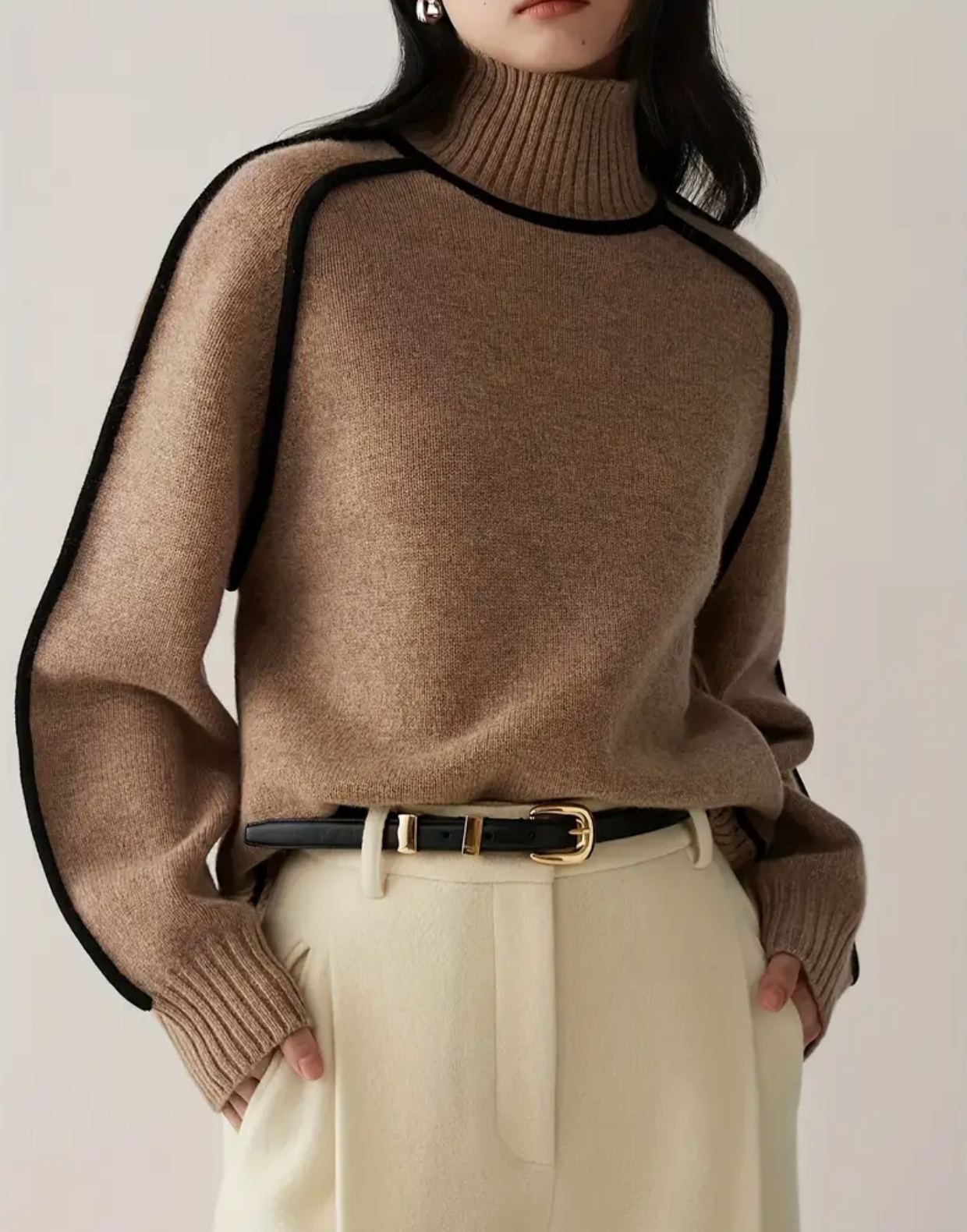 Long Sleeve Color Block Knitted Pullover Sweatshirt, Casual Ribbed Turtle Neck