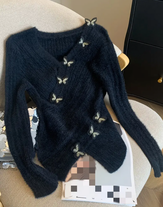 Elegant Butterfly V-Neck Cross Slim Knit Cardigan