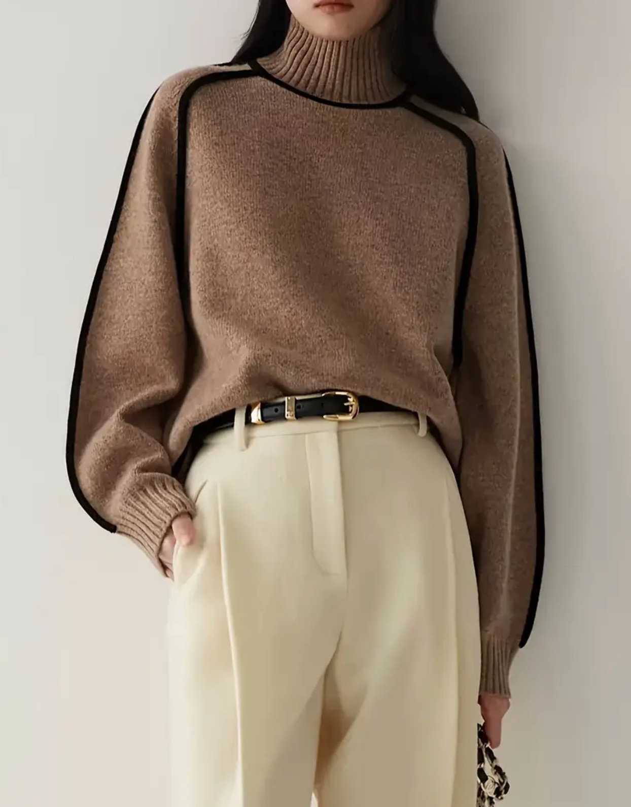 Long Sleeve Color Block Knitted Pullover Sweatshirt, Casual Ribbed Turtle Neck
