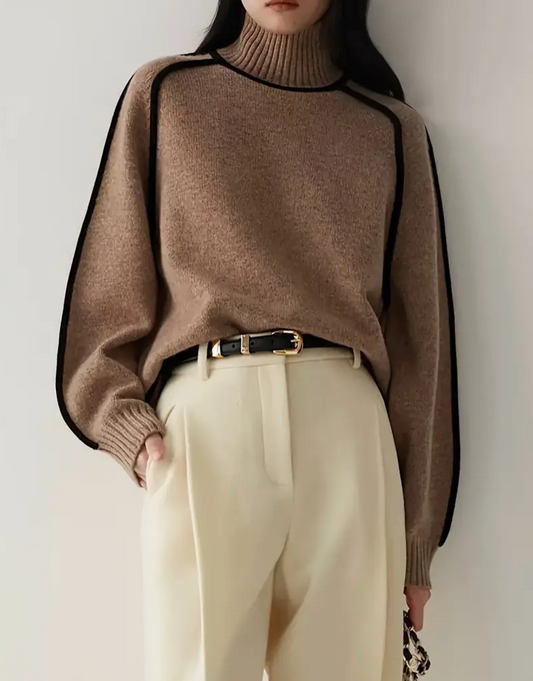 Long Sleeve Color Block Knitted Pullover Sweatshirt, Casual Ribbed Turtle Neck