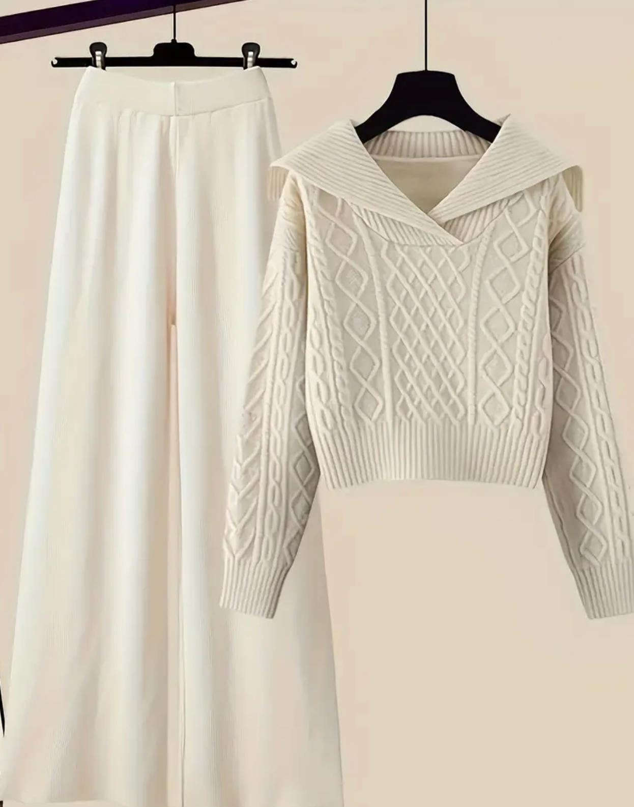 Elegant Navy Collar Knit Sweater & Wide-Leg Pants Set