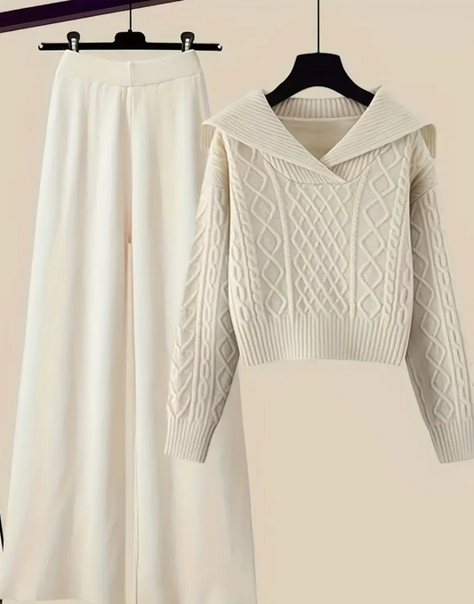 Elegant Navy Collar Knit Sweater & Wide-Leg Pants Set
