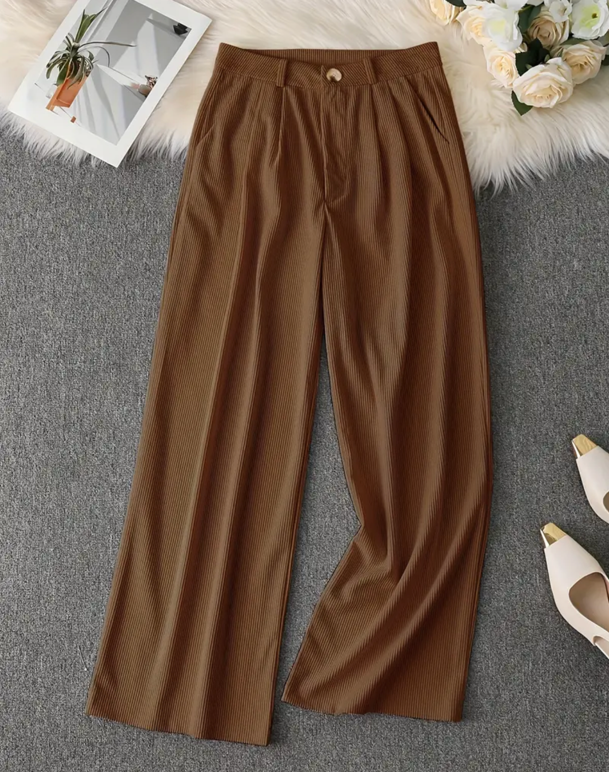 Solid Color Elegant Straight Leg Pants for Women with Button Detail
