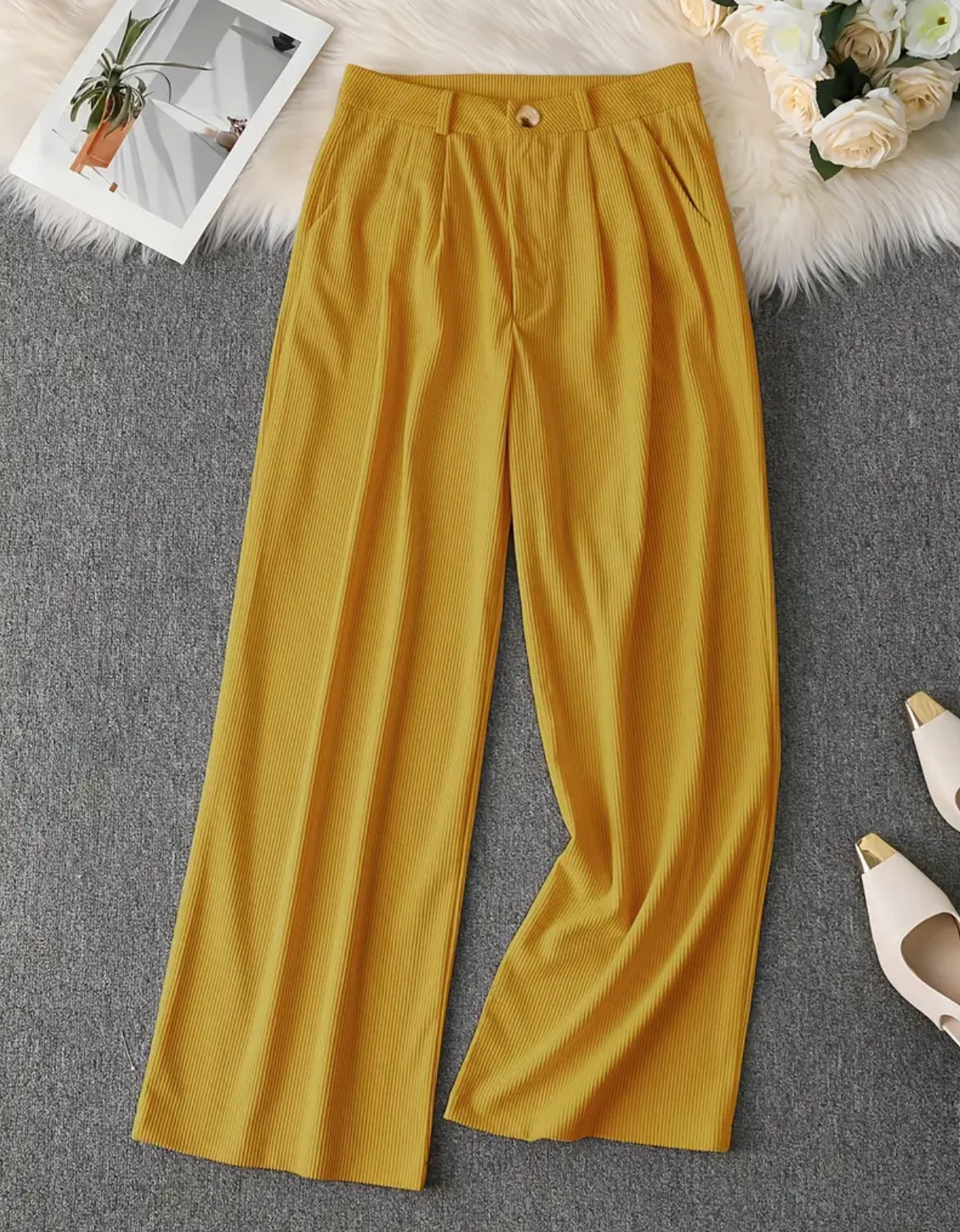 Solid Color Elegant Straight Leg Pants for Women with Button Detail