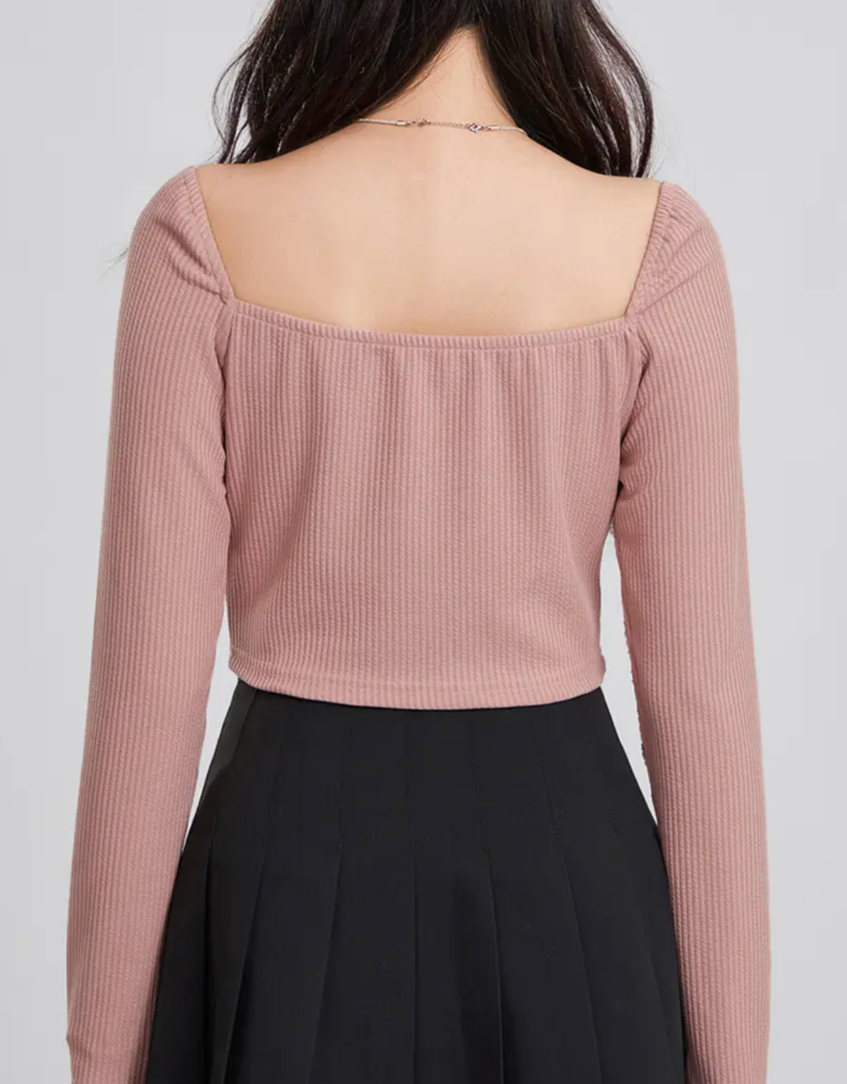 Casual Ribbed Cotton Long Sleeve Crop Top with Sweetheart Neckline and Bow Tie Detail