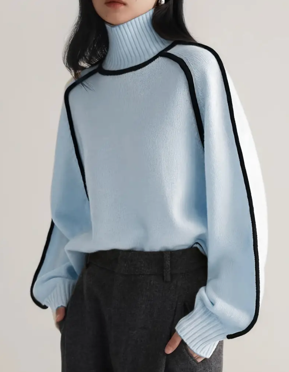 Long Sleeve Color Block Knitted Pullover Sweatshirt, Casual Ribbed Turtle Neck