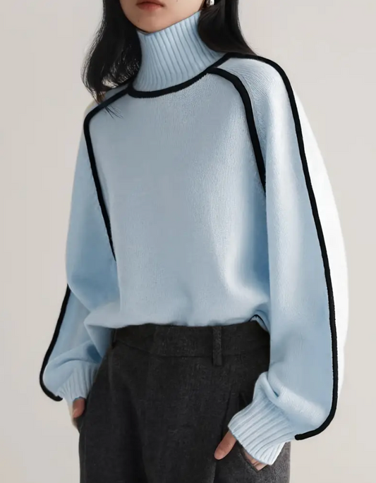 Long Sleeve Color Block Knitted Pullover Sweatshirt, Casual Ribbed Turtle Neck