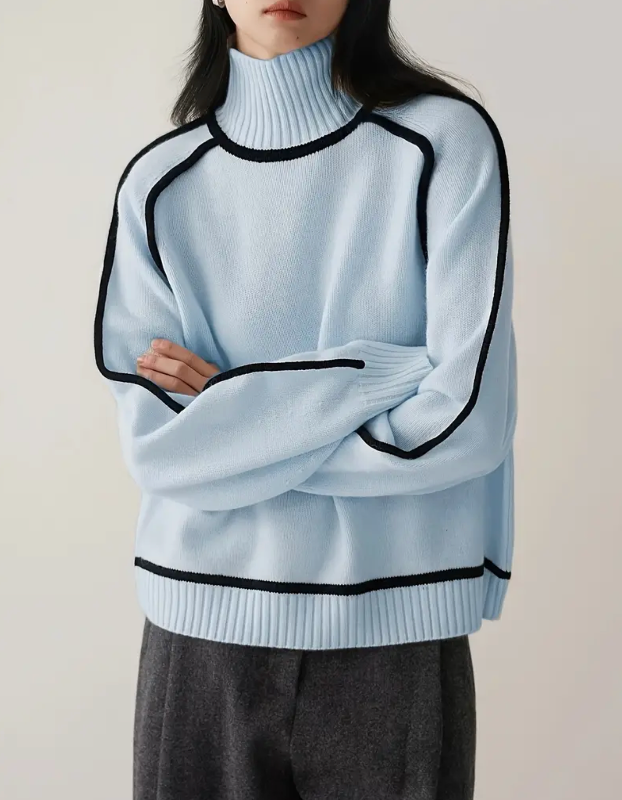 Long Sleeve Color Block Knitted Pullover Sweatshirt, Casual Ribbed Turtle Neck
