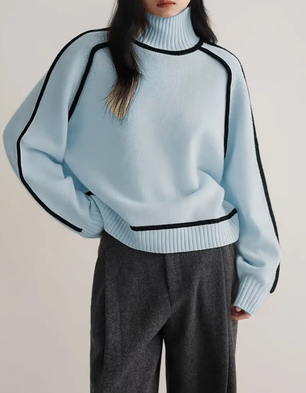 Long Sleeve Color Block Knitted Pullover Sweatshirt, Casual Ribbed Turtle Neck