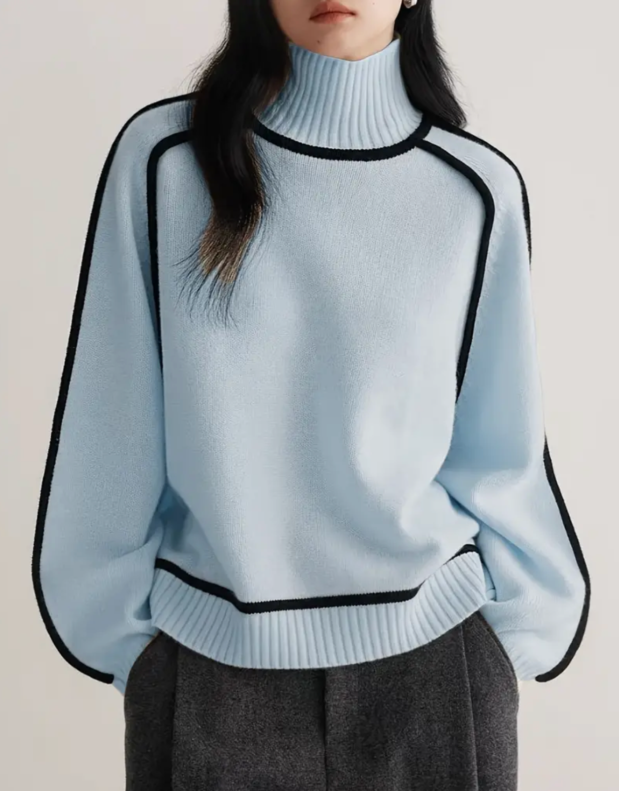 Long Sleeve Color Block Knitted Pullover Sweatshirt, Casual Ribbed Turtle Neck