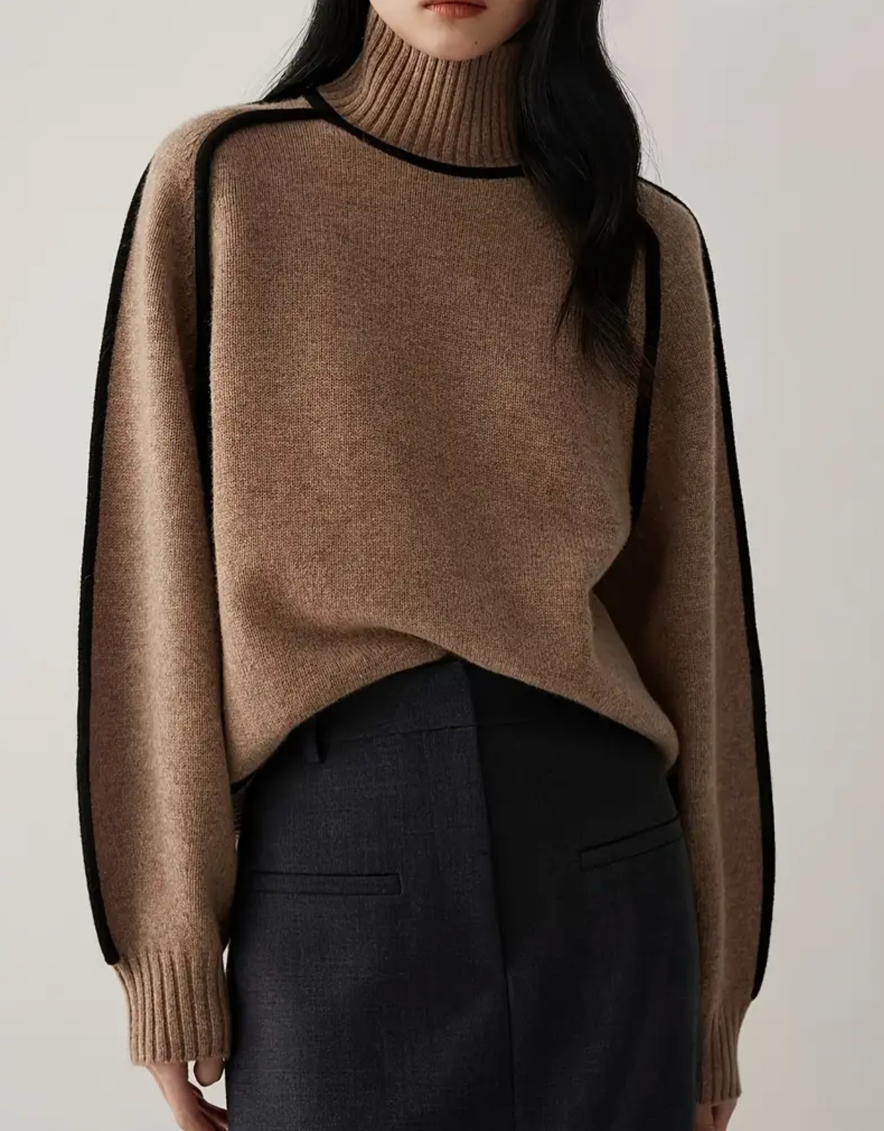 Long Sleeve Color Block Knitted Pullover Sweatshirt, Casual Ribbed Turtle Neck