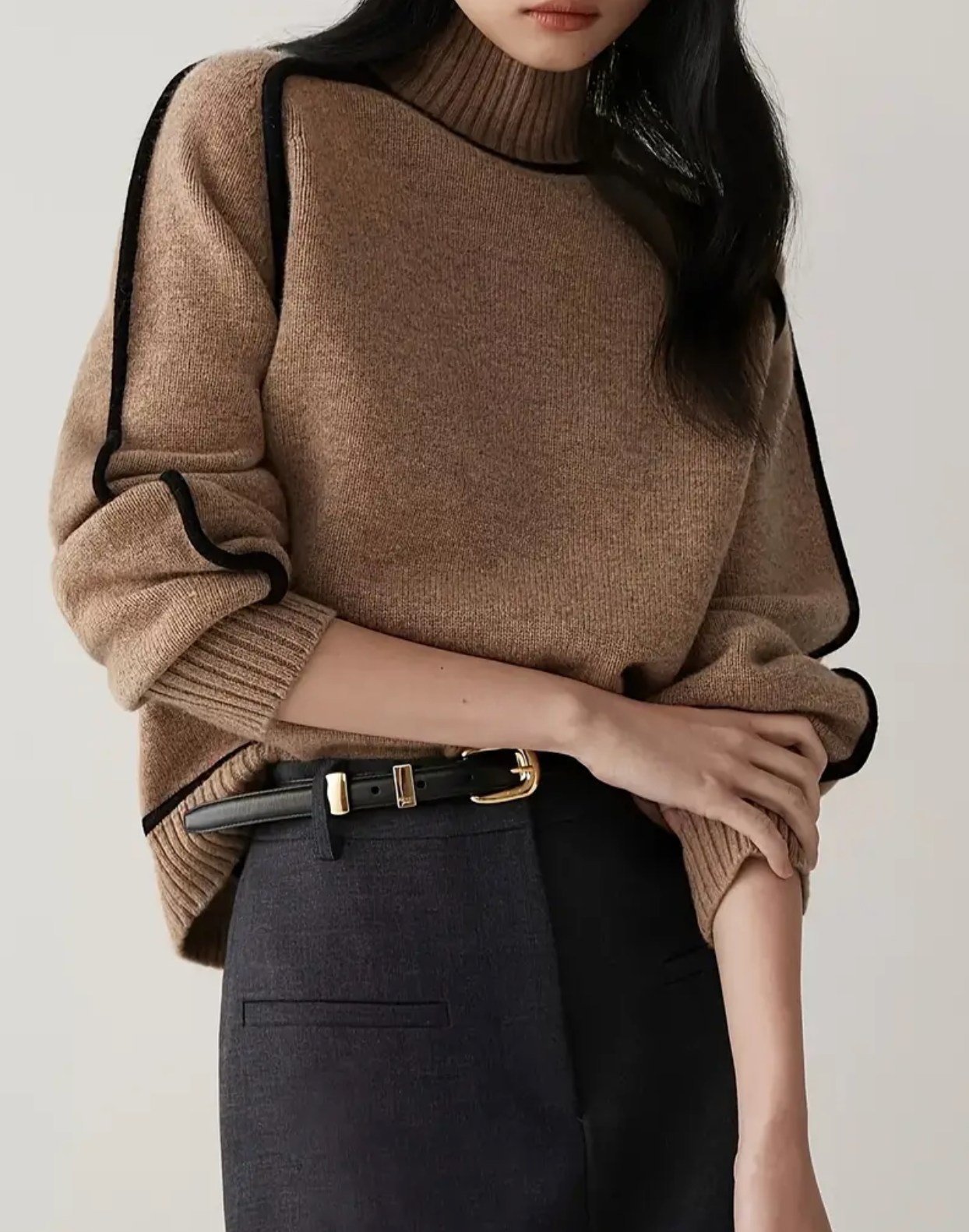 Long Sleeve Color Block Knitted Pullover Sweatshirt, Casual Ribbed Turtle Neck