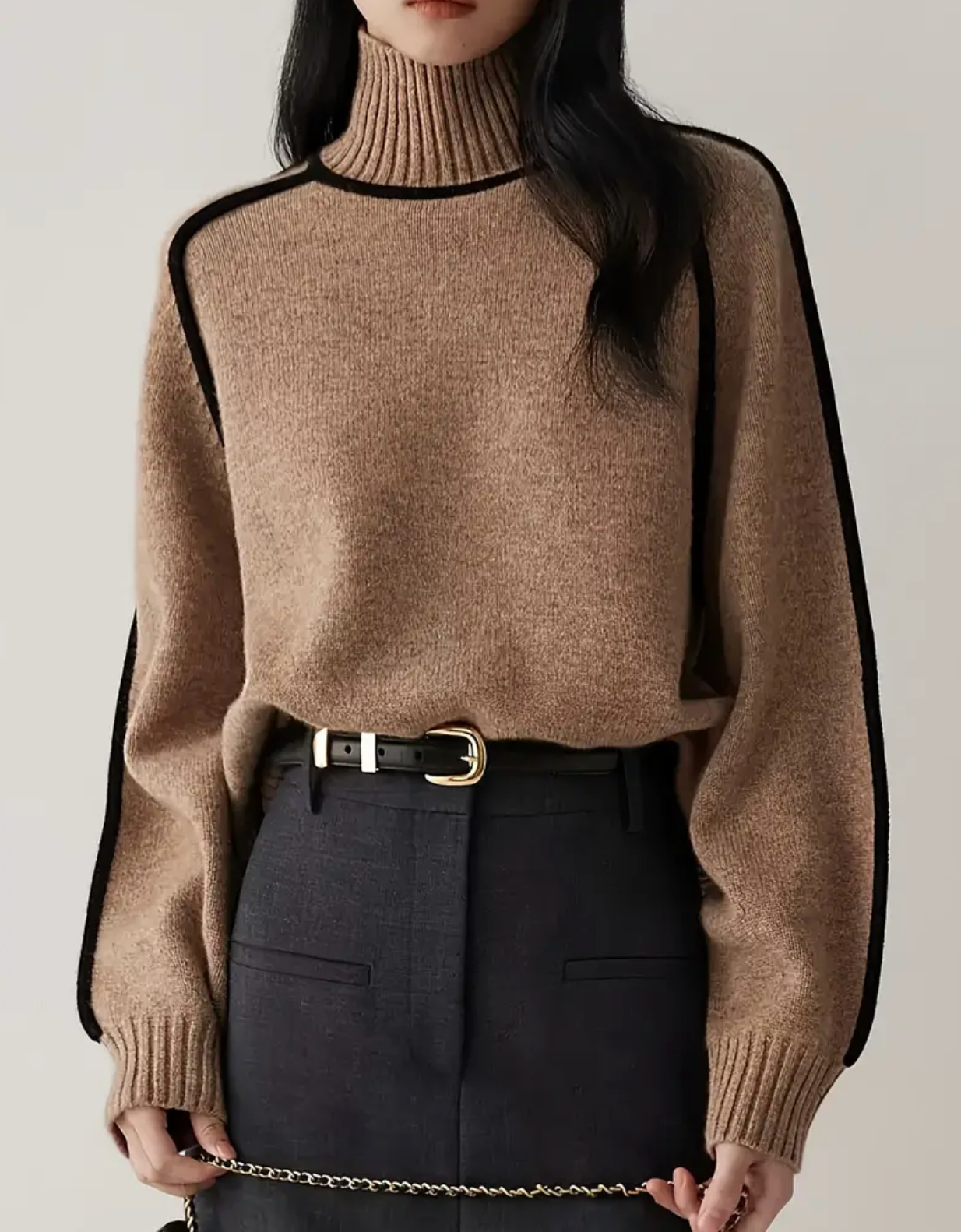 Long Sleeve Color Block Knitted Pullover Sweatshirt, Casual Ribbed Turtle Neck