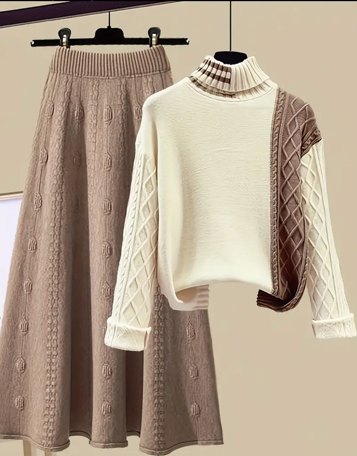 Cozy Rib Knit Skirt Set - Soft Color Block Turtle Neck Sweater