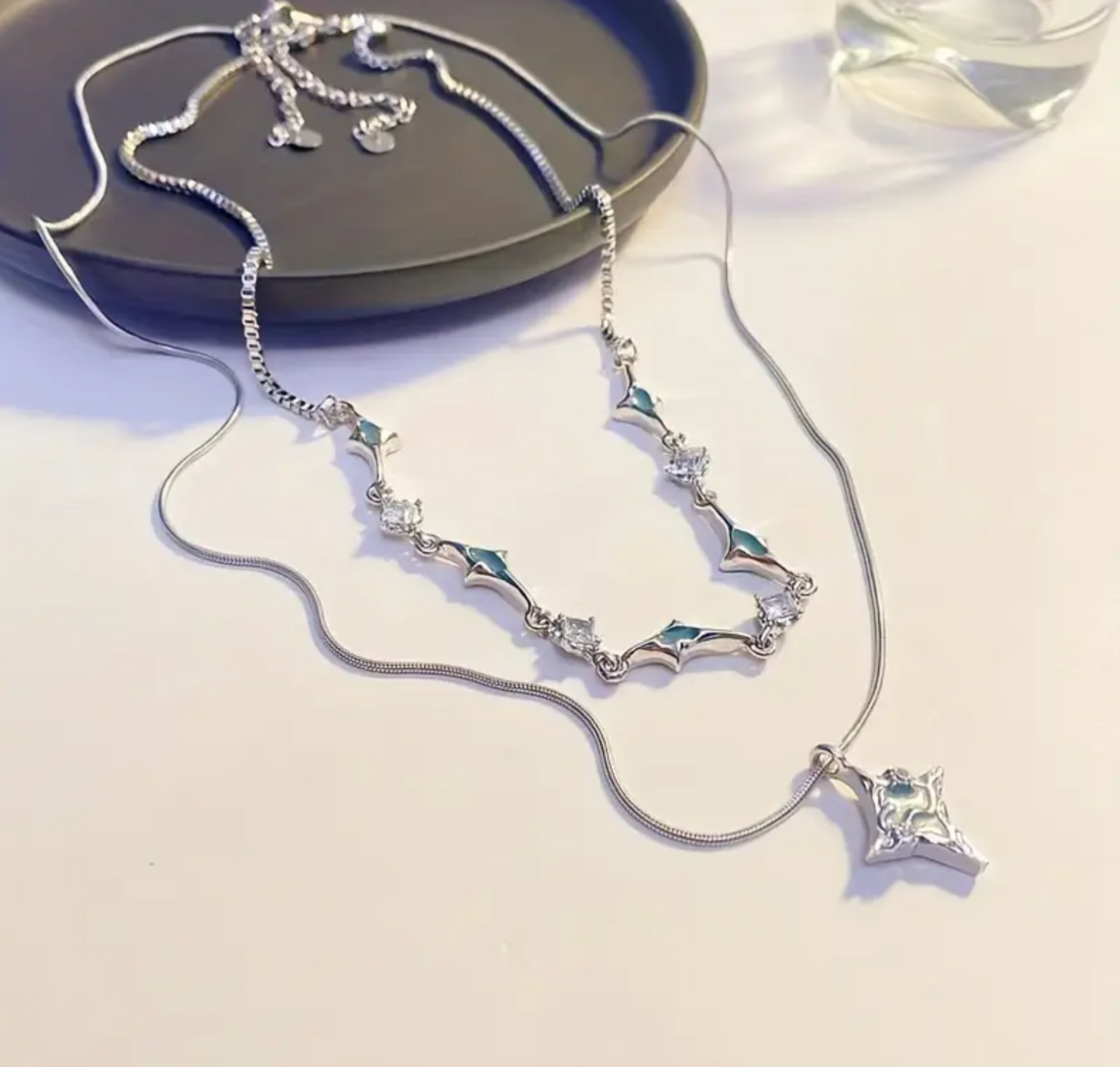 Double-Strand Layered Necklace -  Blue Zirconia