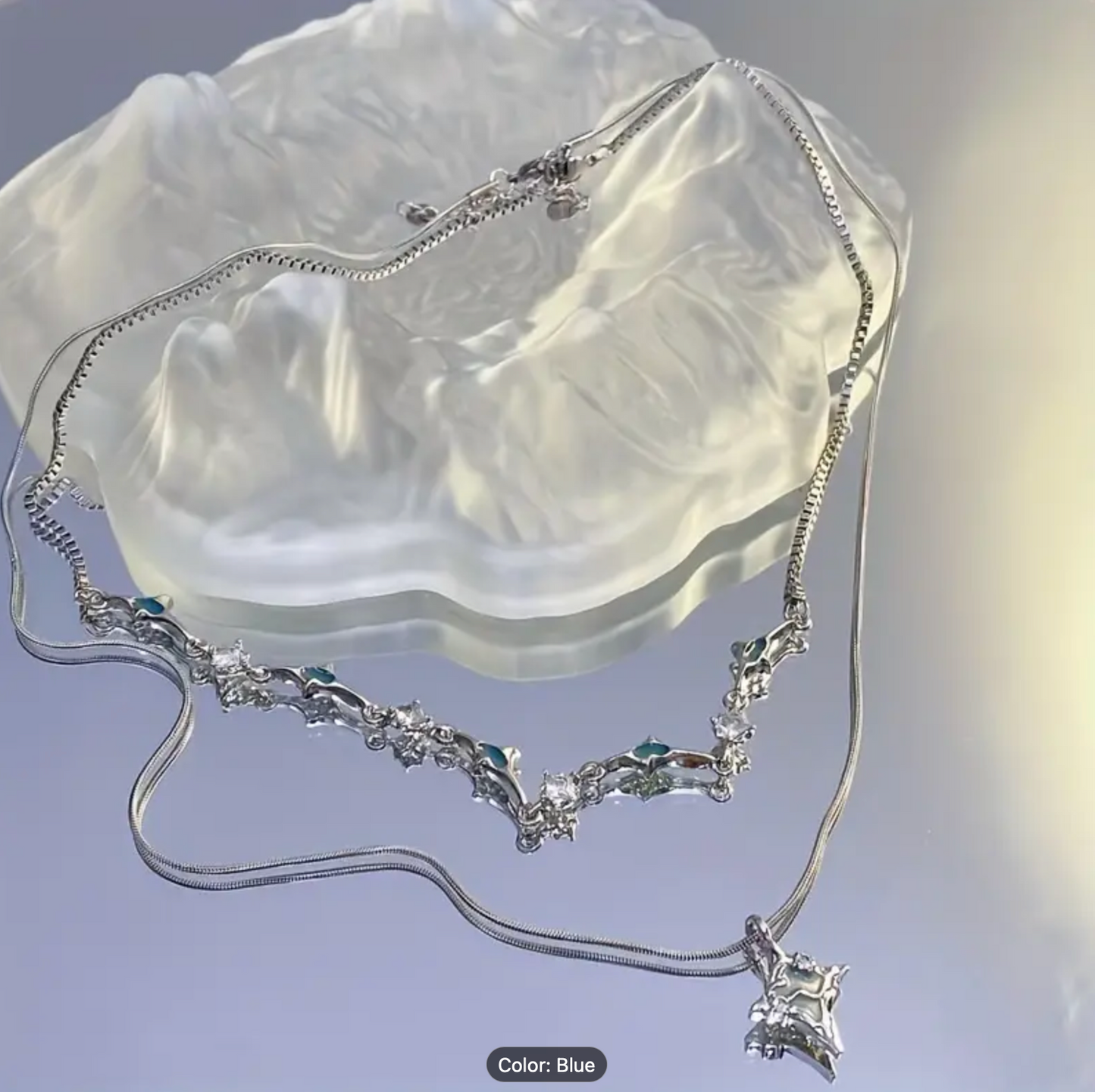 Double-Strand Layered Necklace -  Blue Zirconia