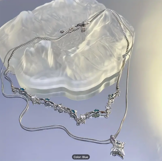 Double-Strand Layered Necklace -  Blue Zirconia