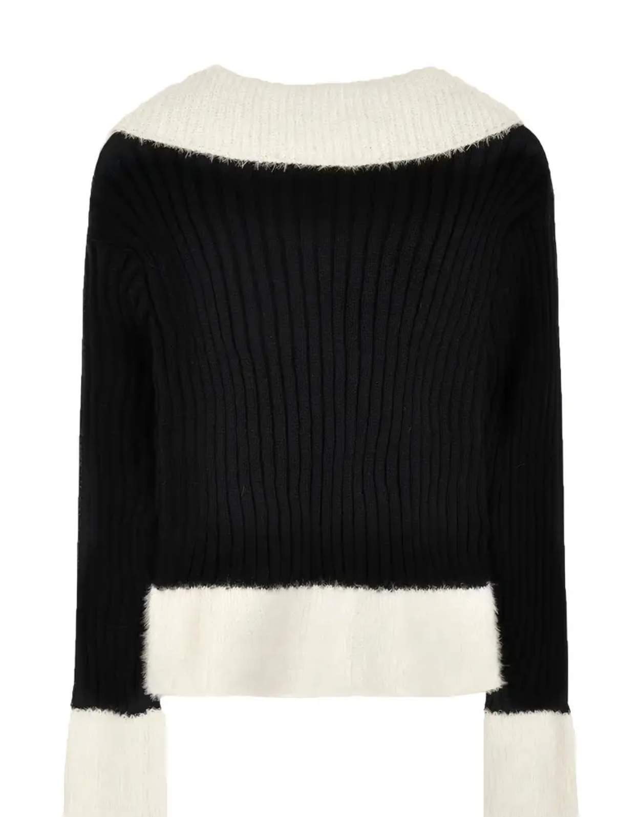 Elegant Color Block Zip Up Knit Cardigan Black and White