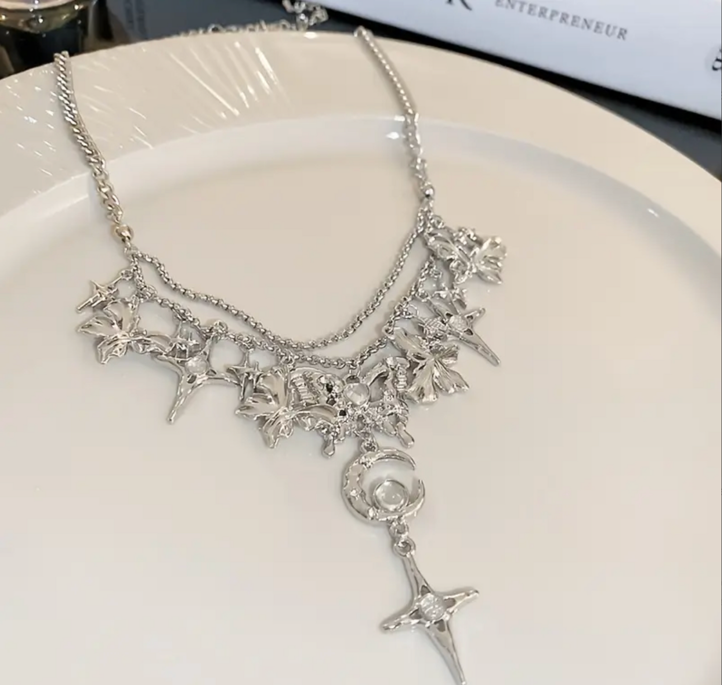 Luxury Rhinestone Butterfly & Star Pendant Necklace