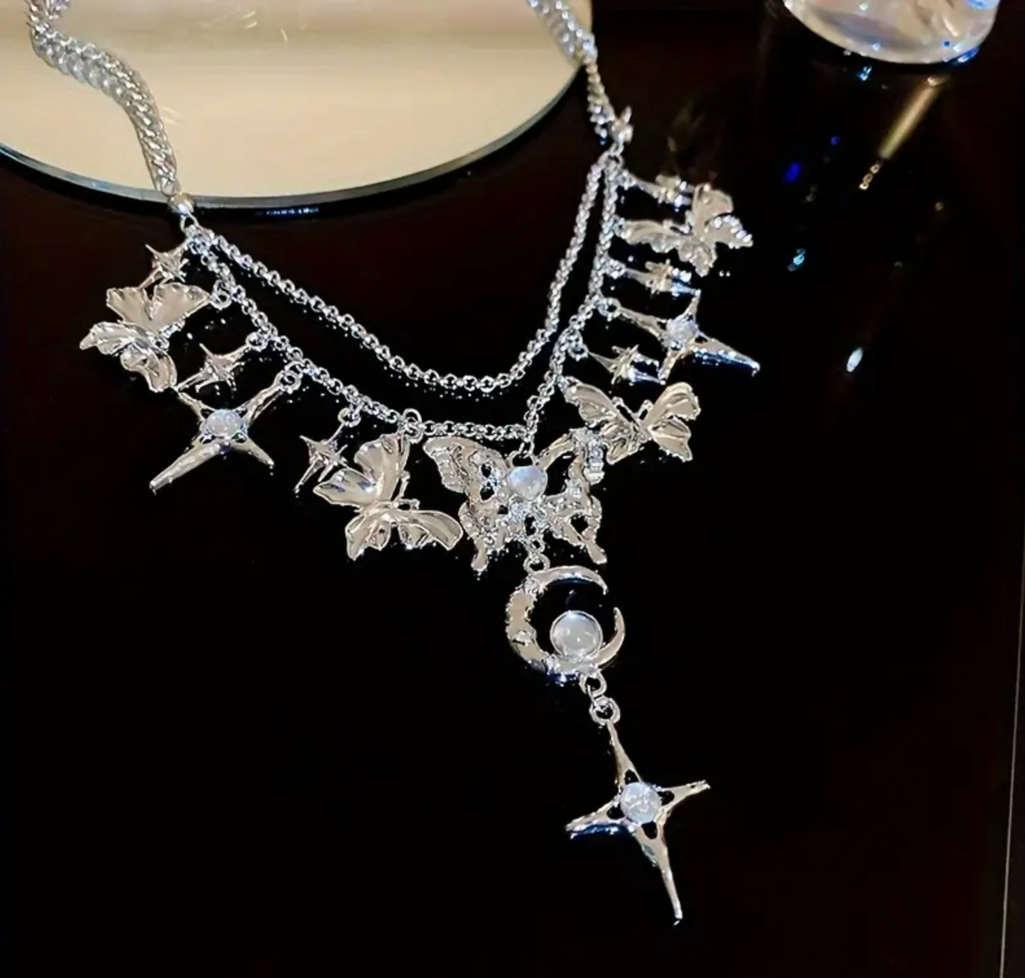 Luxury Rhinestone Butterfly & Star Pendant Necklace